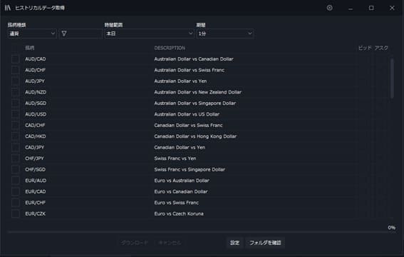 JForexでヒストリカルデータ取得を選択する画面